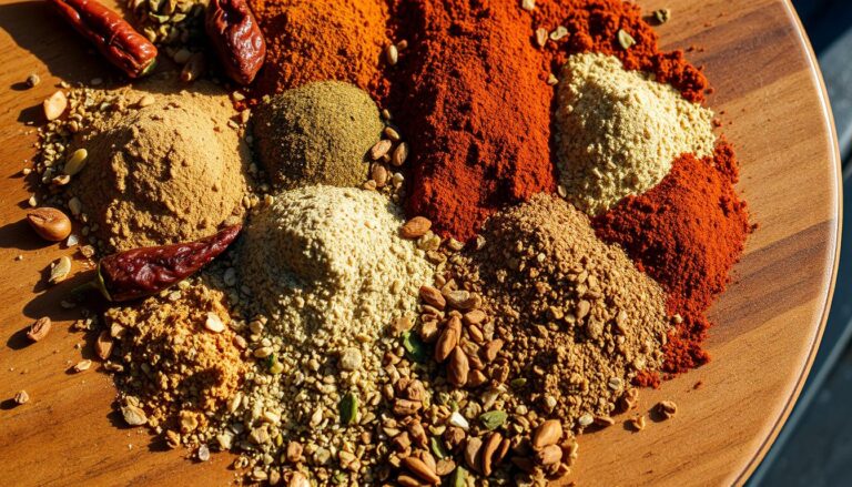 A jar of homemade Chipotle steak seasoning with spices and herbs on a wooden table.