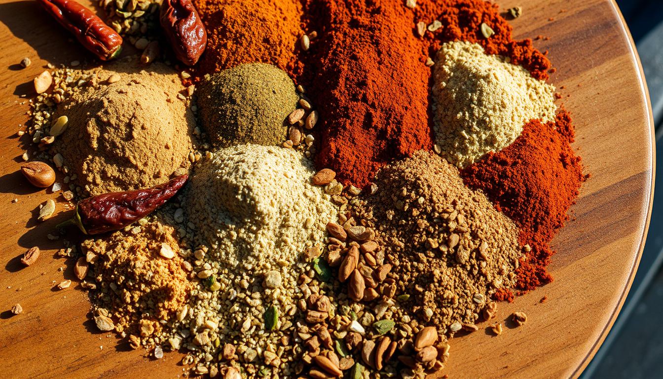 A jar of homemade Chipotle steak seasoning with spices and herbs on a wooden table.