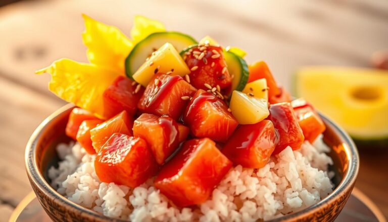 Freshly prepared salmon poke with diced salmon, soy sauce, sesame seeds, and green onions in a bowl.