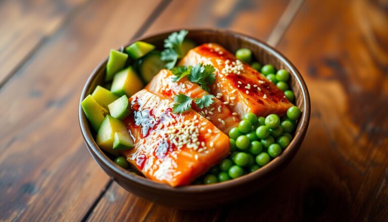 Various poke bowls with salmon, featuring different toppings like avocado, seaweed, and pickled vegetables.