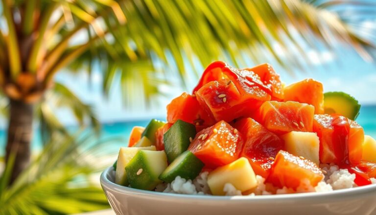 Fresh homemade salmon poke bowl with rice, avocado, cucumber, and sesame seeds.