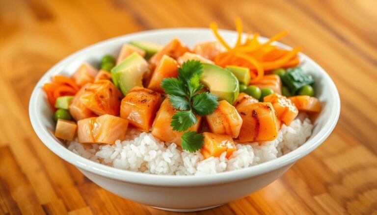 A fresh salmon poke bowl with rice, avocado, cucumber, and sesame seeds, garnished with green onions and a soy-based sauce.