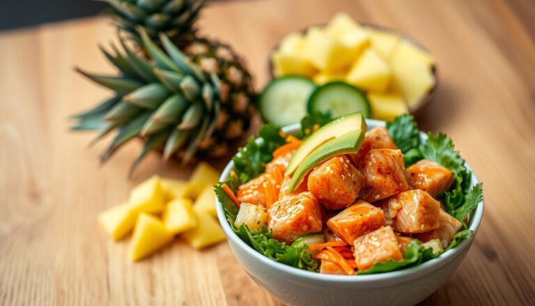 Healthy salmon poke salad with fresh vegetables, avocado, and a light dressing, topped with sesame seeds.