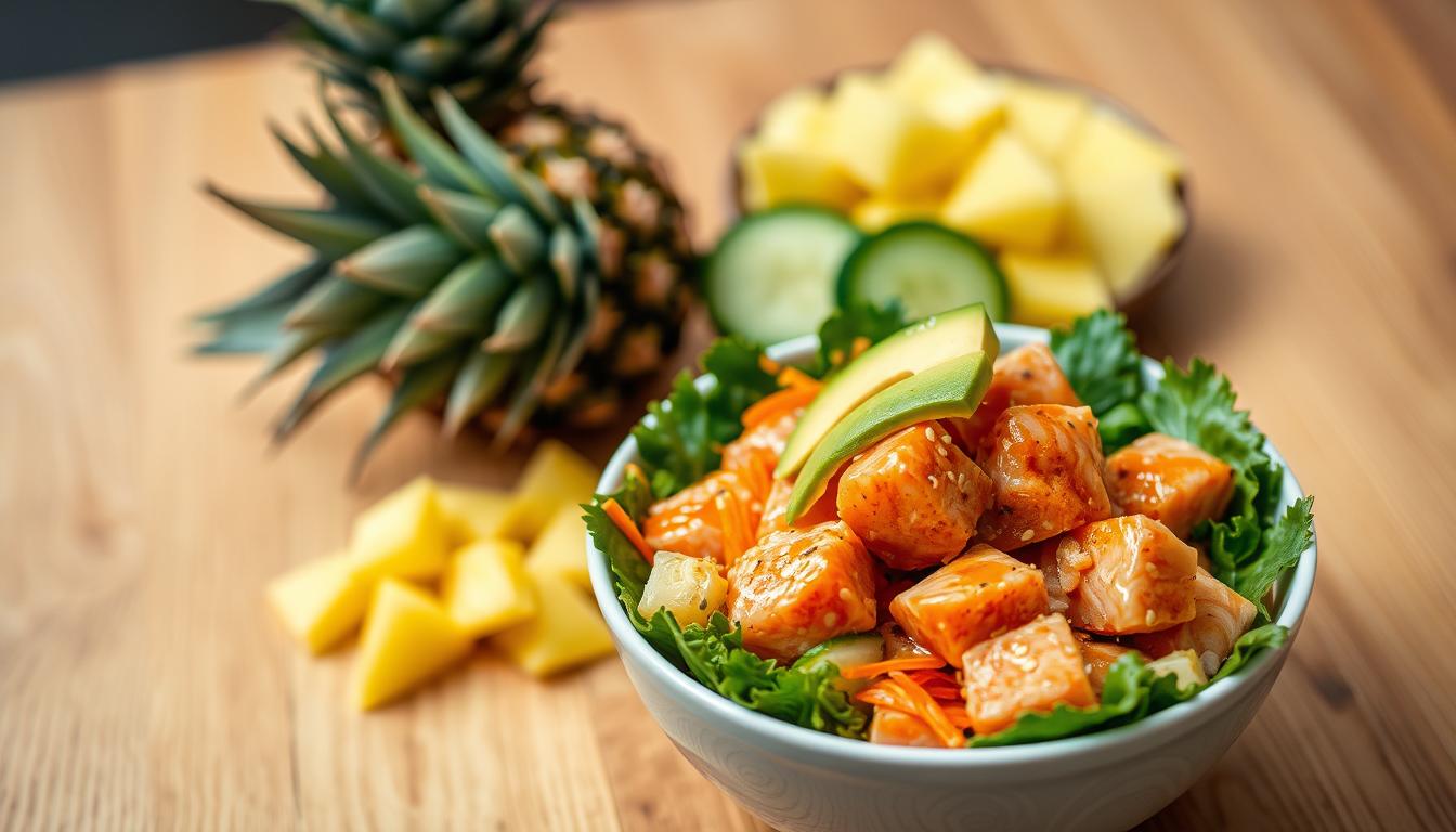 Healthy salmon poke salad with fresh vegetables, avocado, and a light dressing, topped with sesame seeds.