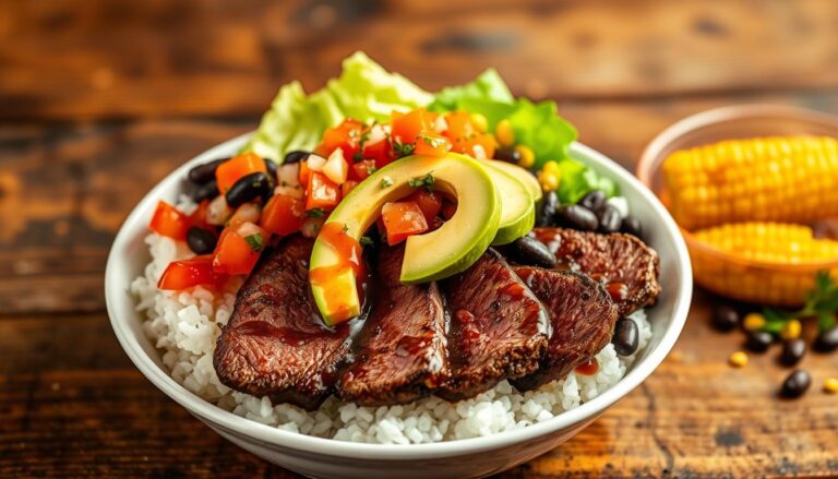 A delicious steak Chipotle bowl with grilled steak, rice, beans, and fresh toppings.