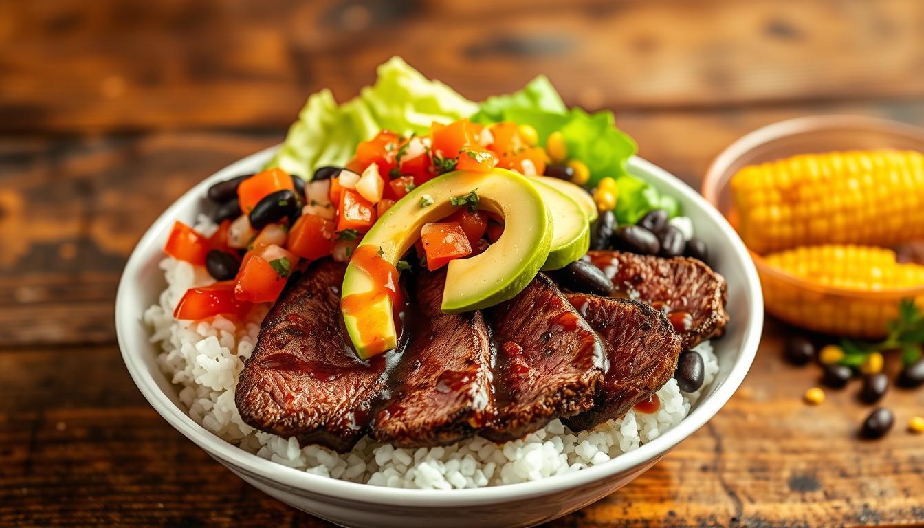 A delicious steak Chipotle bowl with grilled steak, rice, beans, and fresh toppings.